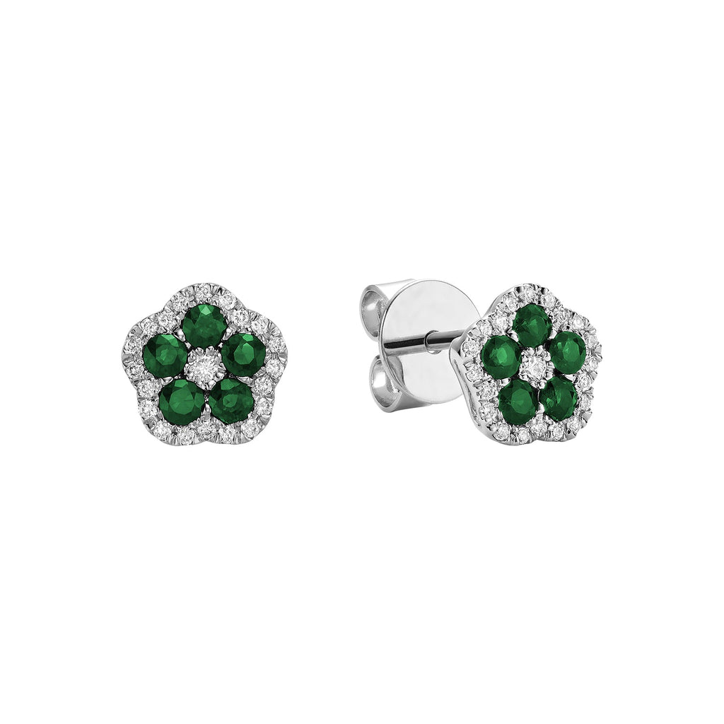 Hollow Flower Emerald and Diamond Stud Earrings