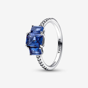 Blue Rectangular Three Stone Sparkling Ring