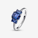 Blue Rectangular Three Stone Sparkling Ring