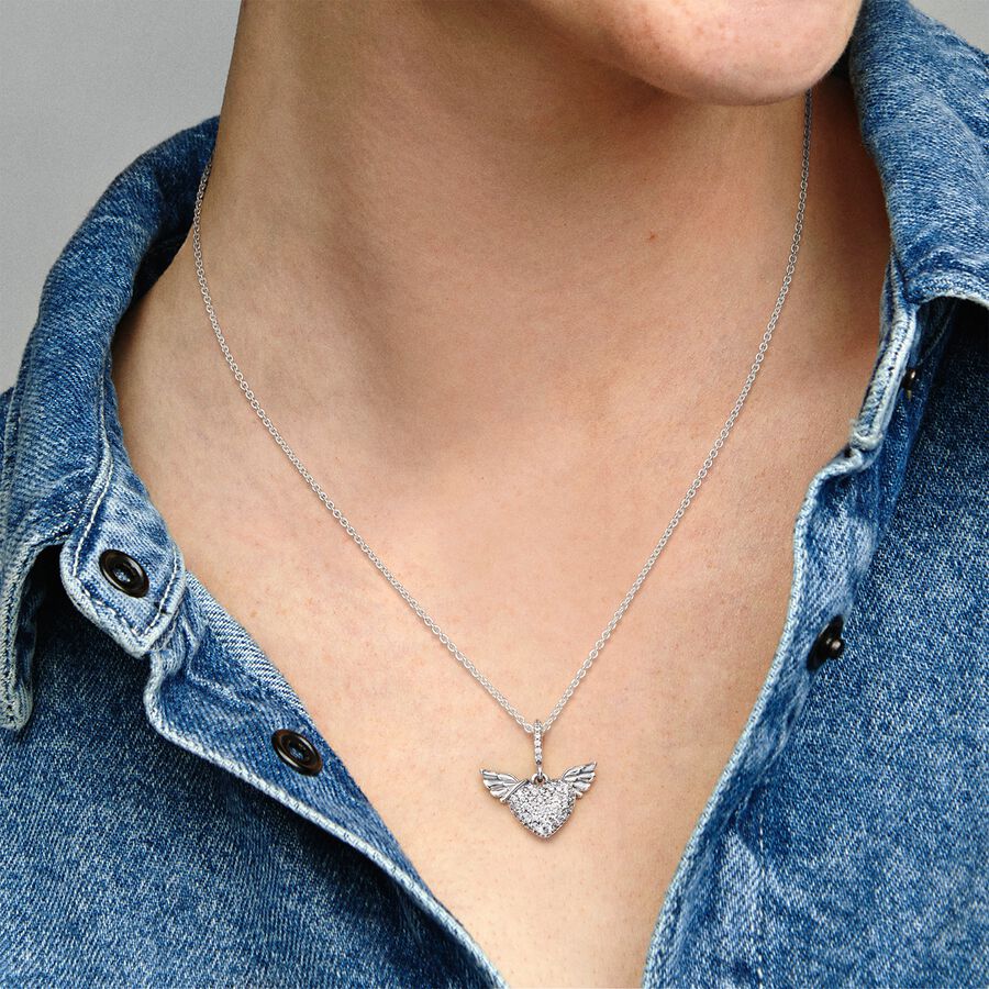 Pav&eacute; Heart and Angel Wings Necklace