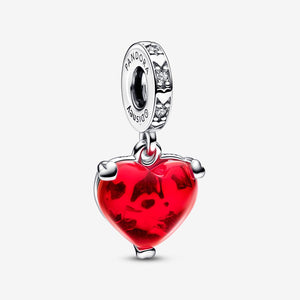 Disney Mickey &amp; Minnie Mouse Kiss Red Murano Glass Dangle Charm