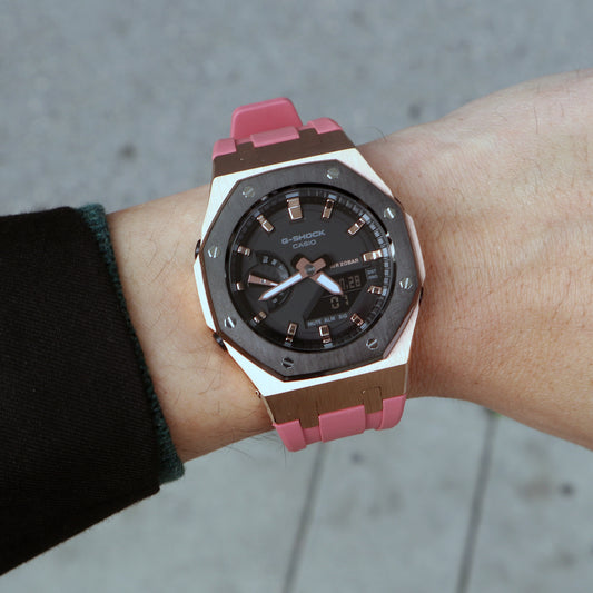 Mini CasiOak GMAS2100 Metal Bezel Fluorine Dark Pink Rubber Watch Strap Length for Casio G-Shock GMAS2100