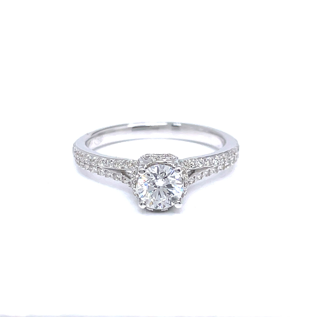 0.45ct Four-Prong V-Shank Double Pavé Engagement Ring in 18k White Gold