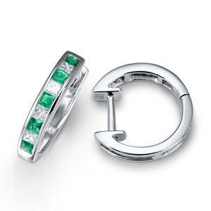 GREEN EMERALD AND DIAMOND HUGGIE HOOPS IN 18KT WHITE GOLD