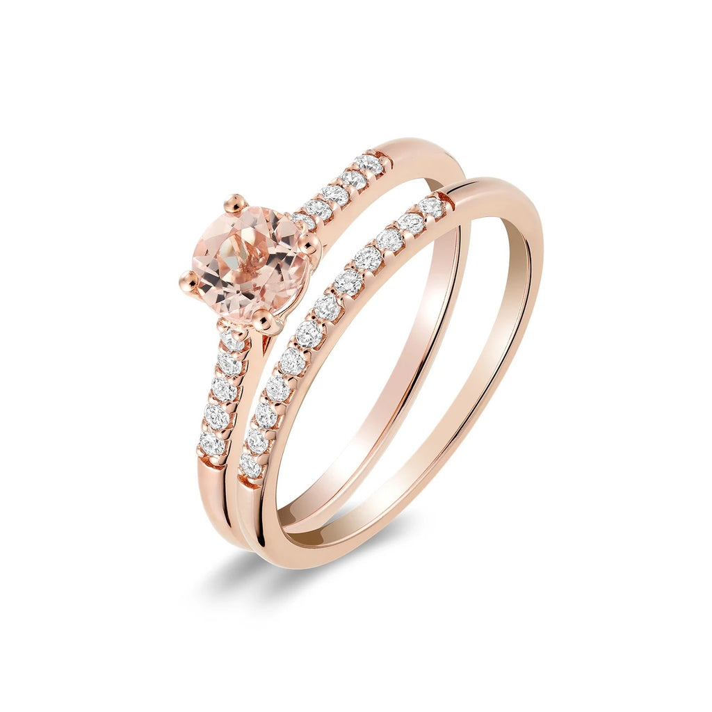 Solitaire Morganite and Diamond Ring with Matching Band