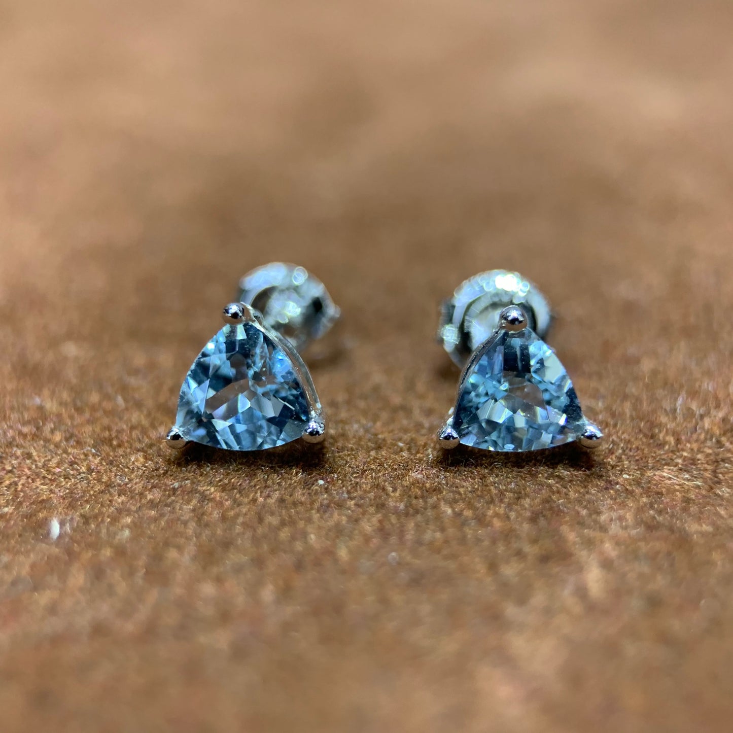 Trillion Cut Aquamarine Gemstone Earring Studs in 10k White Gold