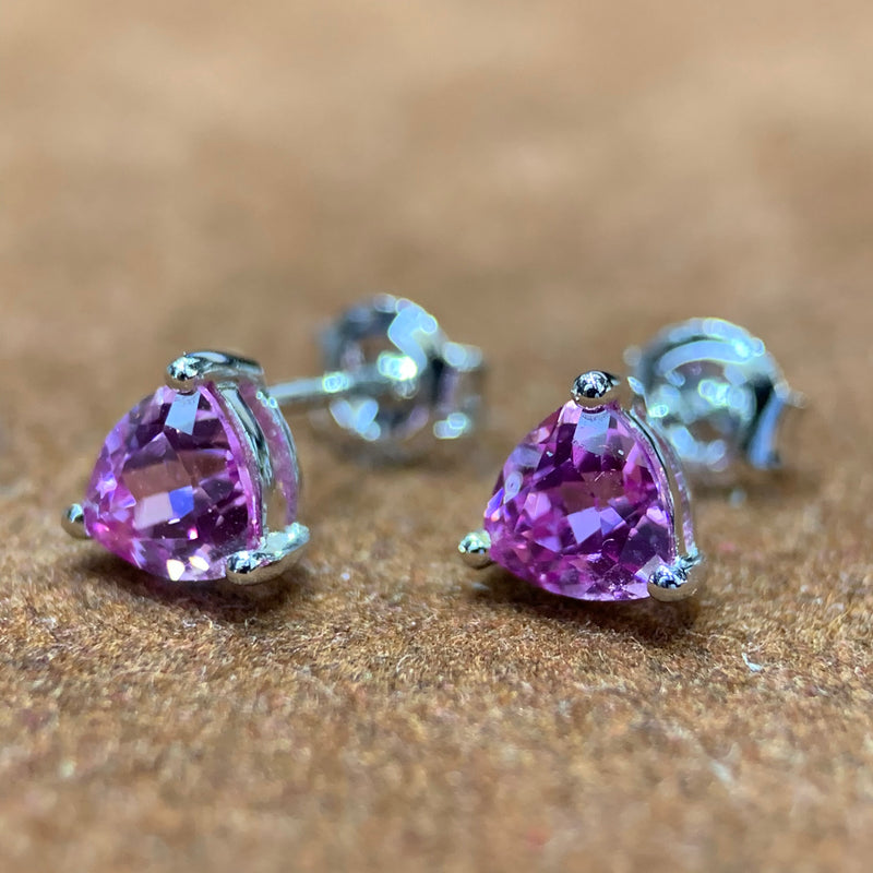 Trillion Cut Pink Sapphire Gemstone Earring Studs in 10k White Gold