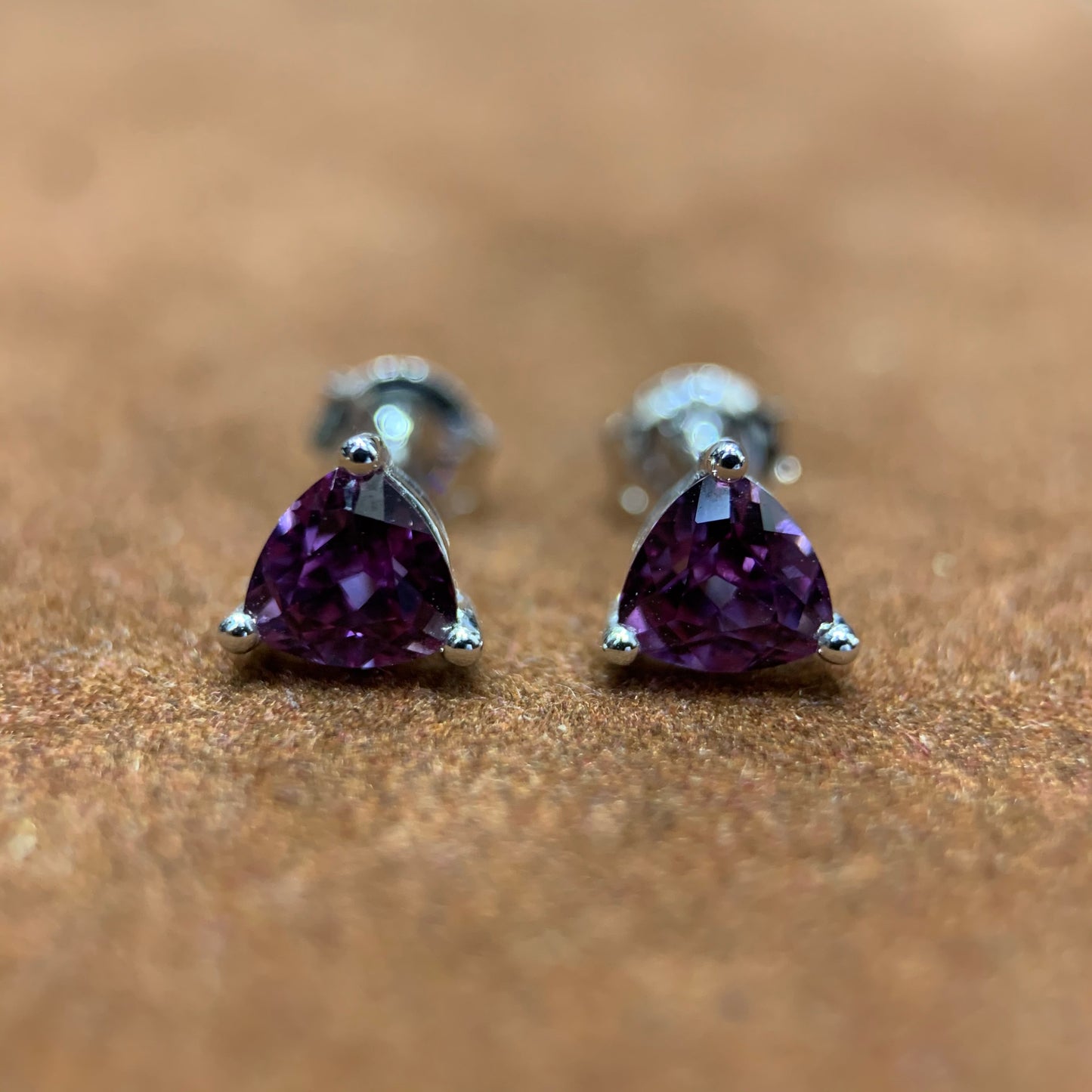 Trillion Cut Alexanderite Gemstone Earring Studs in 10k White Gold