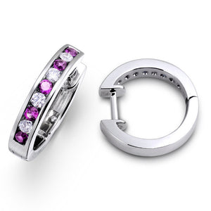 PINK SAPPHIRE AND DIAMOND HUGGIE HOOPS IN 18KT WHITE GOLD