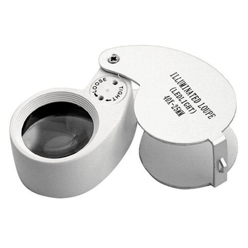 Retractable Jewelers Loupe Magnifier 40X Magnification 25mm Illuminated  w/LED Light - High-end Metal Jewelry Loupe MG21011